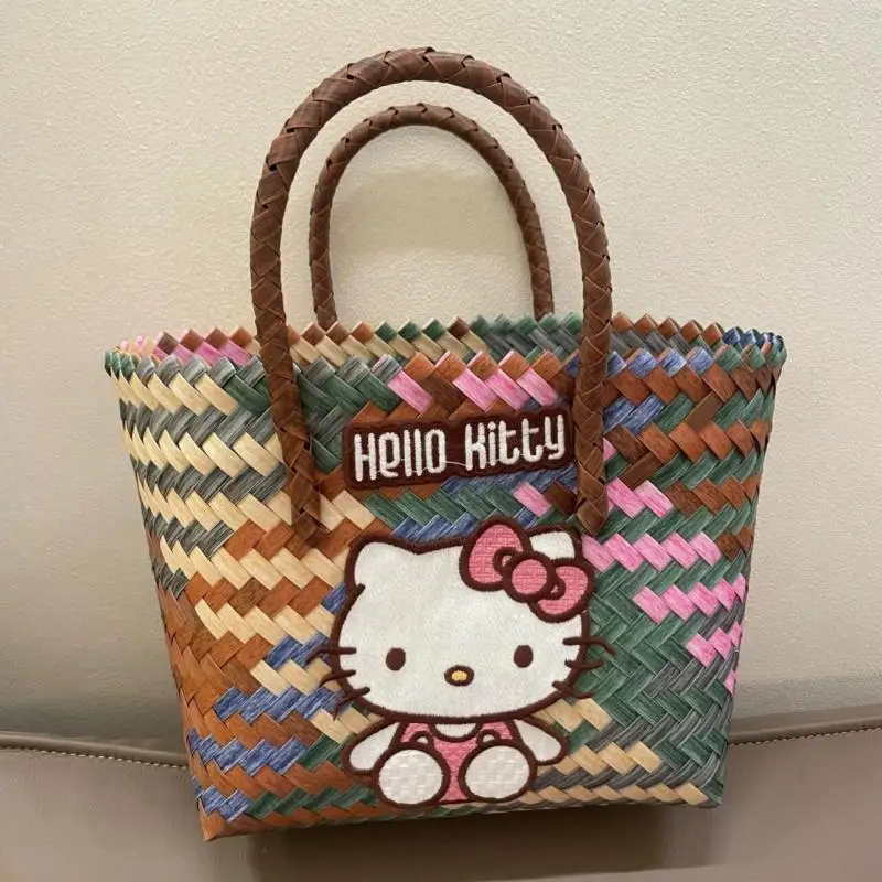 

Sanrio Basket Bag Hello Kitty Cartoon Imitation Rattan Weaving Hand Woven Vegetable Basket Girl Portable Leisure Beach Handbag