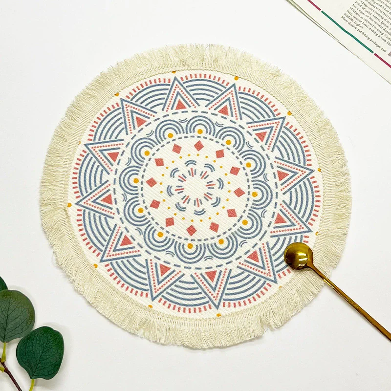 Bohemian Cotton Round Placemat Heat-Resistant Anti-Scald Table Mat with Tassels for Home Kitchen Cup Coaster