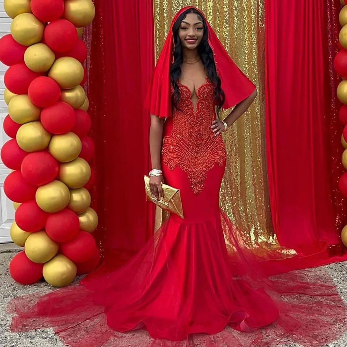 Luxury Red Sequin Mermaid Prom Dresses Beaded Crystals Black Girl Evening Gowns Ruffles Formal Party Dress Robe De Soiree