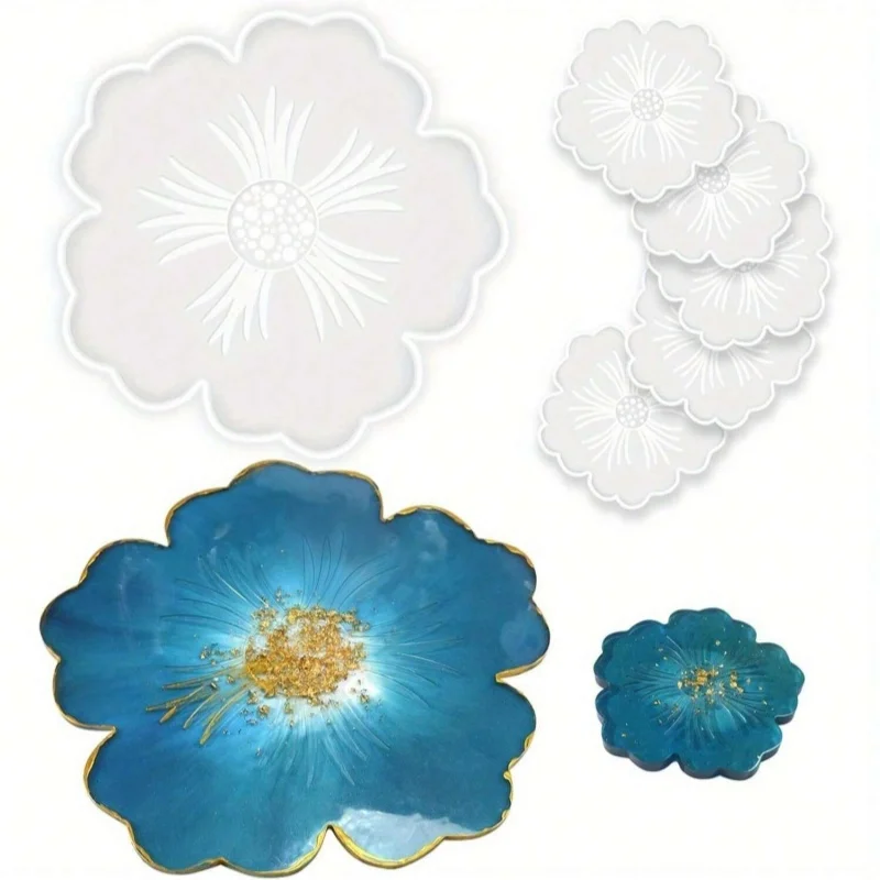 

1pc Large Table Wine Tray and 5pcs Coaster Silicone Molds for Casting, Flower Shape Epoxy Resin Molds for DIY, Home Decoration