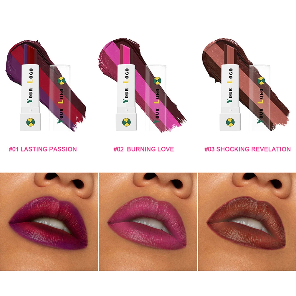 

Private Label Three-color Matte Lipstick Custom Logo Waterproof Long Lasting Piggment No Smudging Makeup Wholesale Vegan