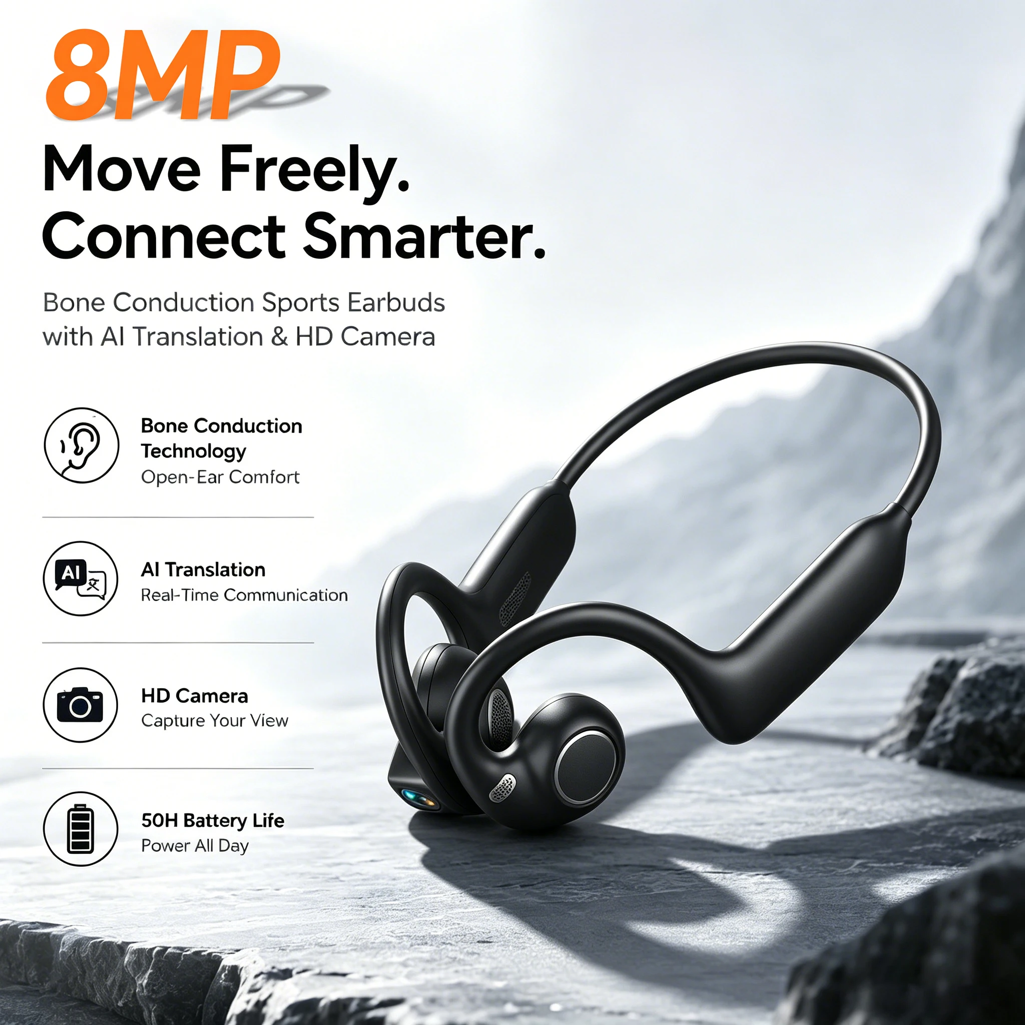 8MP Camera E12 Bone Conduction Wireless Bluetooth Headphones