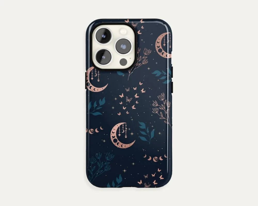 Navy Celestial Floral Phone Case For IPHONE 16 15PRO MAX 14 13 12 11 Acrylic TPU Two in one magnetic Phone Cases