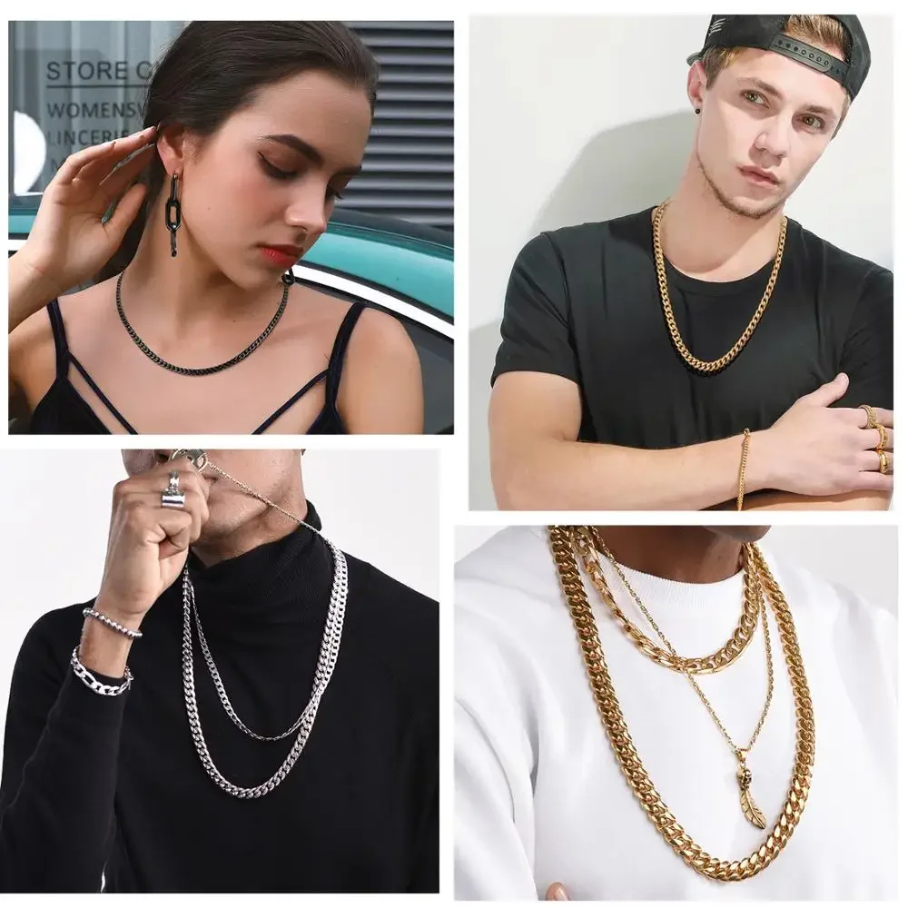 3/5/7/9/11mm Width Stainless Steel Men Women Six-side Chain Necklace Gold Silver Plated Unisex  Jewelry Wholesale Drop Shipping