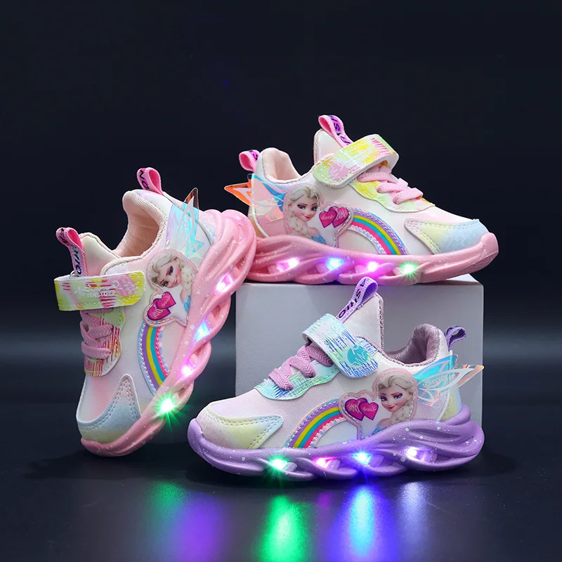 

Disney Kids'Casual Shoes Girls Led Light Elsa Frozen PU Leather Mesh Spring Breathable Anti-slip Purple Pink Size 21-30