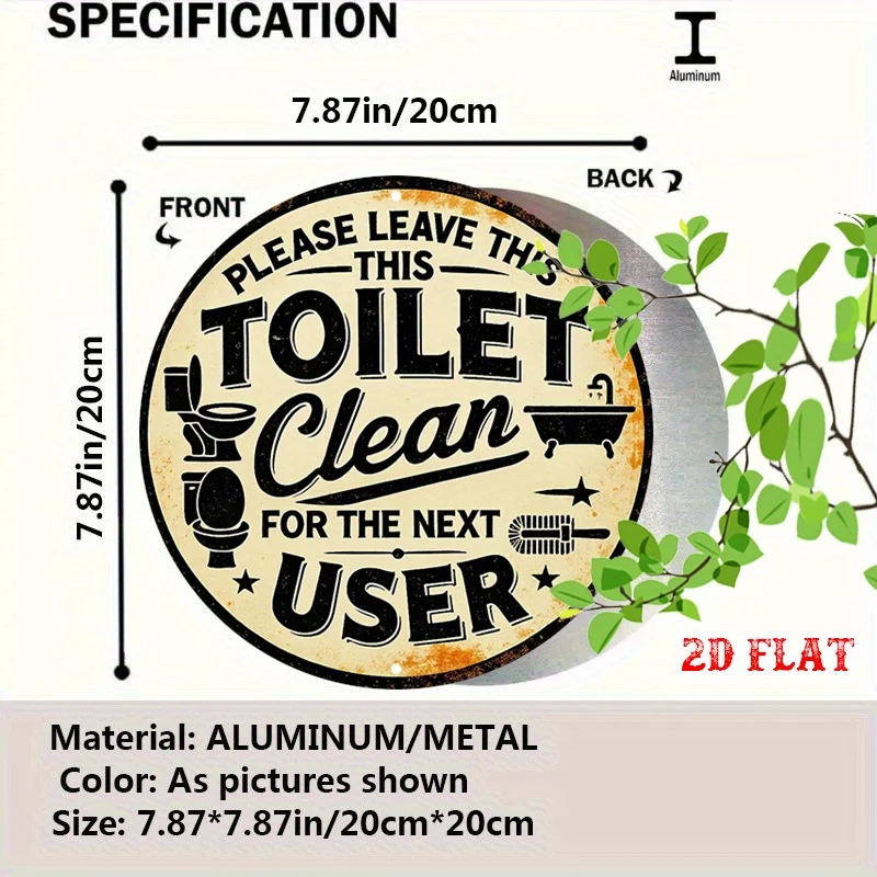 2D Flat 1pc Bathroom Etiquette Round Aluminum Sign, Next User Round Wall Decor Hygiene Reminder Rustic Metal Wall Art