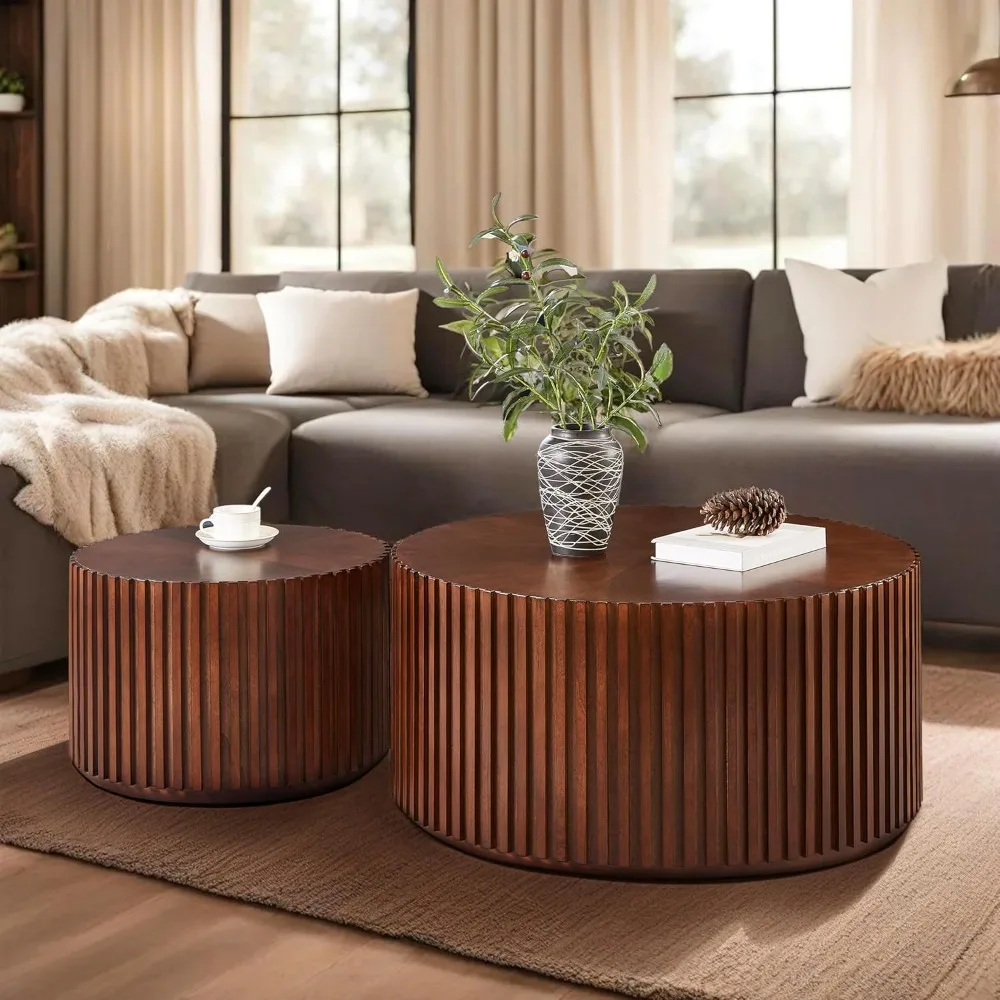 

Round Wood Coffee Table Set of 2, Handcraft Drum Side Table End for Living Room, Modern Circle Wooden End Table Set