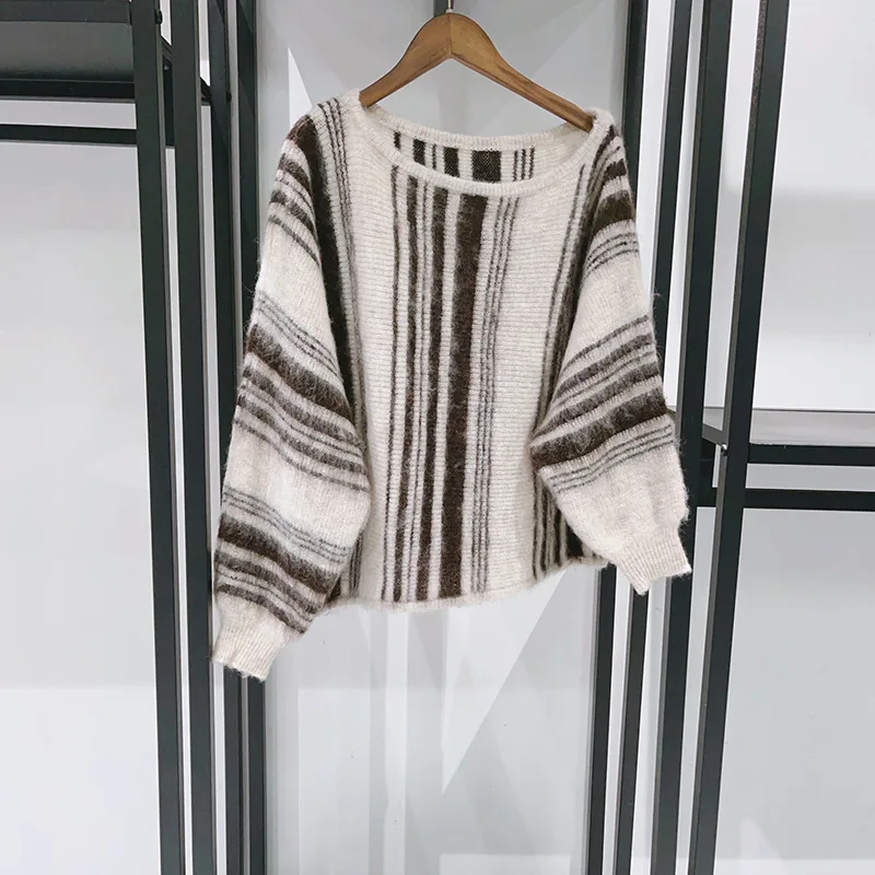 

Женский вязаный свитер с диагональным воротником и длинными рукавами в вертикальную полоску, повседневный элегантный женский пуловер