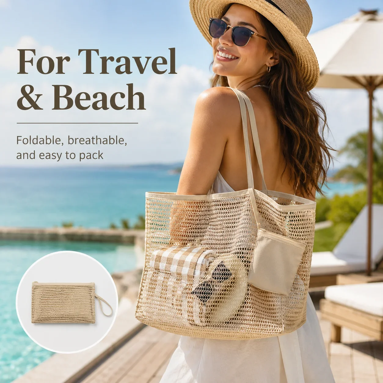 Portable Nylon Mesh Tote Bag Large Capacity Black Khaki Pink Shoulder Bags Lightweight Beach Handbags for Outdoor Travel