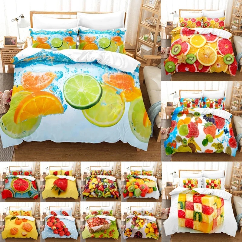 Cute Tropical Fruit Duvet Cover Bedding Set 3pcs Lightweight Microfiber 1 Duvet Cover 2 Pillowcase,Comfortable,Extremely Durable