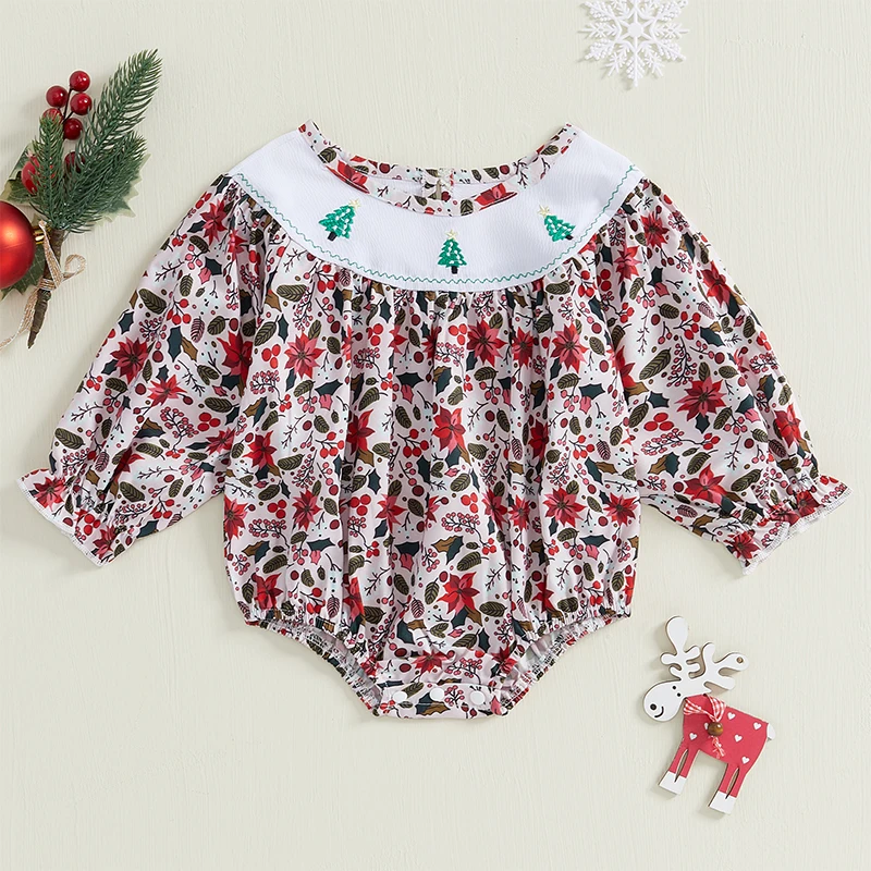 Baby Girl Christmas Outfit Smocked Bubble Romper Long Sleeve Floral Bodysuit Infant Fall Jumpsuit Xmas Clothes