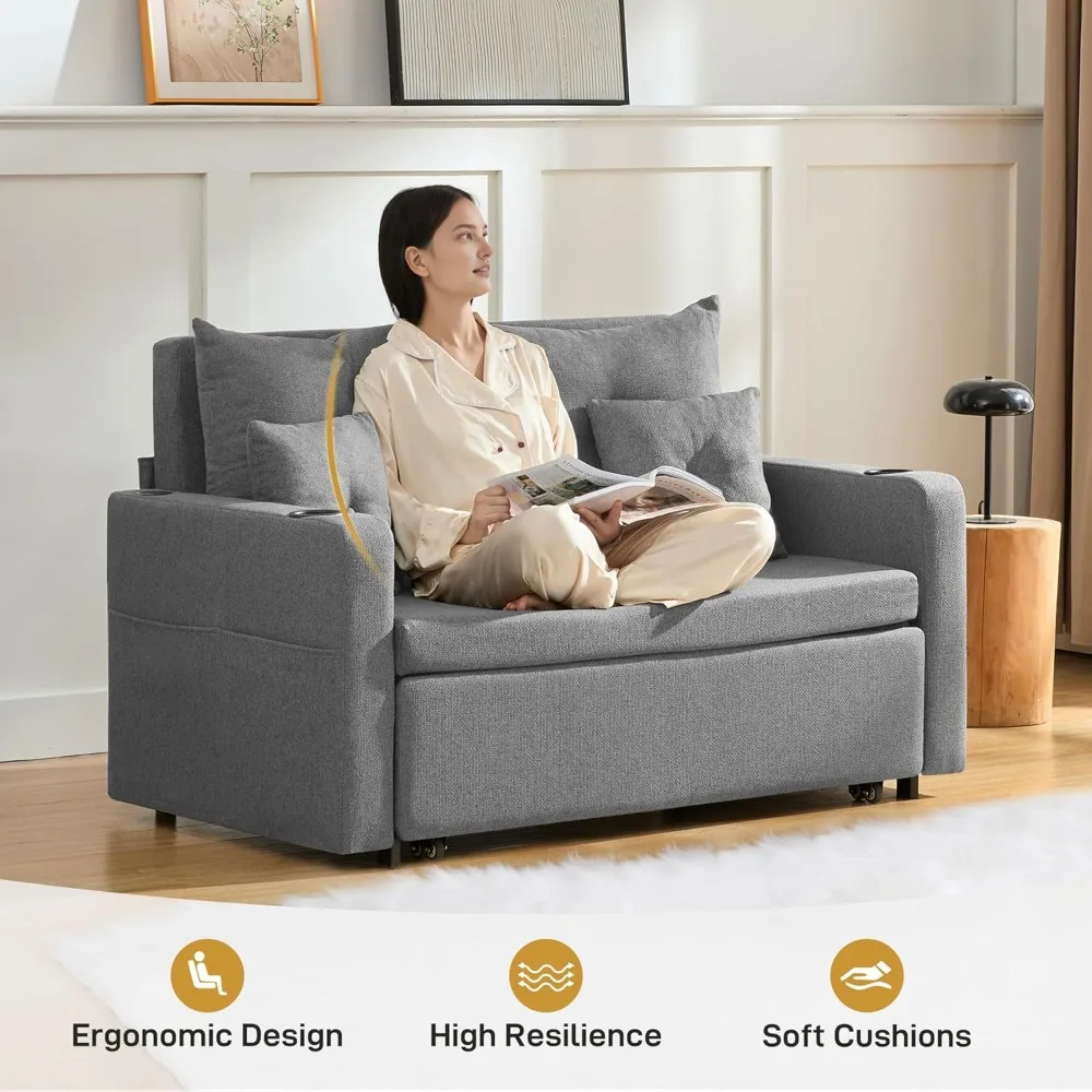 سرير أريكة قابل للتحويل 3 في 1، سرير أريكة للنوم بالحجم الكامل مقاس 56 بوصة، سرير أريكة للنوم مع جيب تخزين