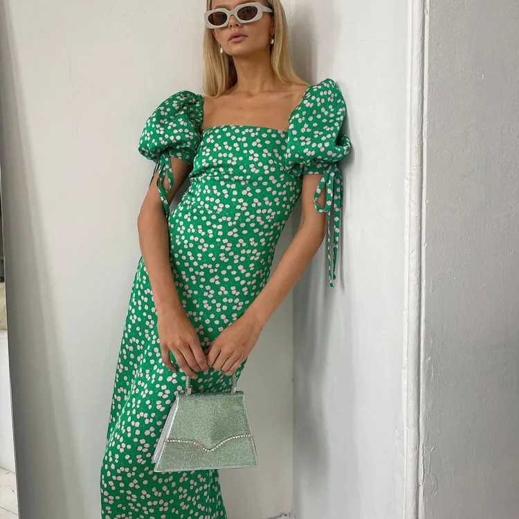 

Summer new vacation style dress floral bubble sleeves slim fit fashion long dress women