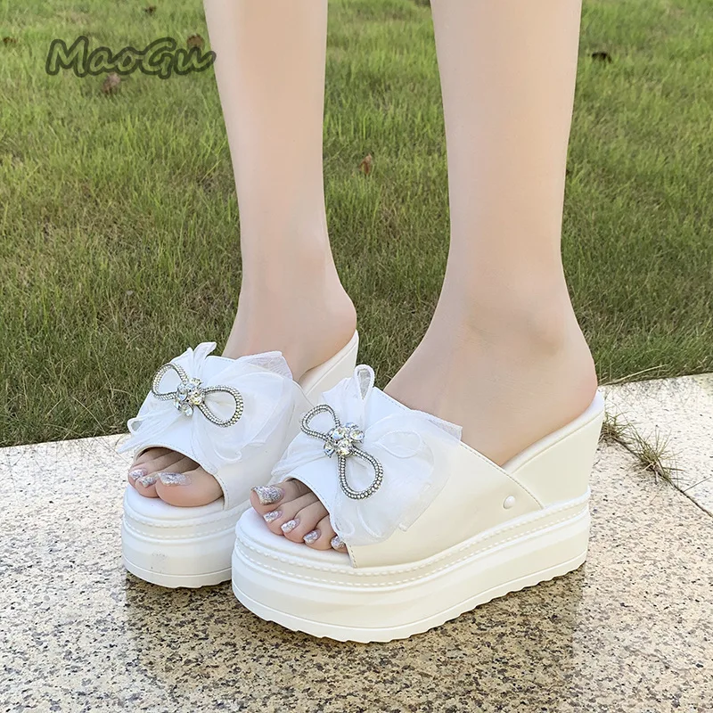 

10CM Wedge High Heel Sandals Platform Chunky Sole Bow Rhinestone Fashion Peep Toe Shoes Height Increasing Slippers Women Slides