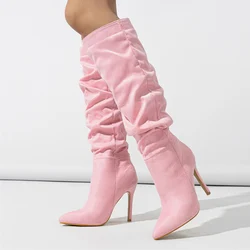 Liyke Fashion Design Pleated Knee High Boots Women Sexy Pointed Toe Party Stripper High Heels Autumn Winter Motorcycle Shoes