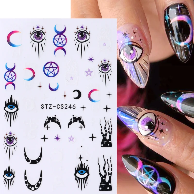 Urocze Oczy Księżyc Gwiazda Naklejki na Paznokcie Fioletowe Złe Oczy Bogini Ozdoby do Paznokci Śliczne Duchy Halloweenowe Samoprzylepne Naklejki Dekoracje