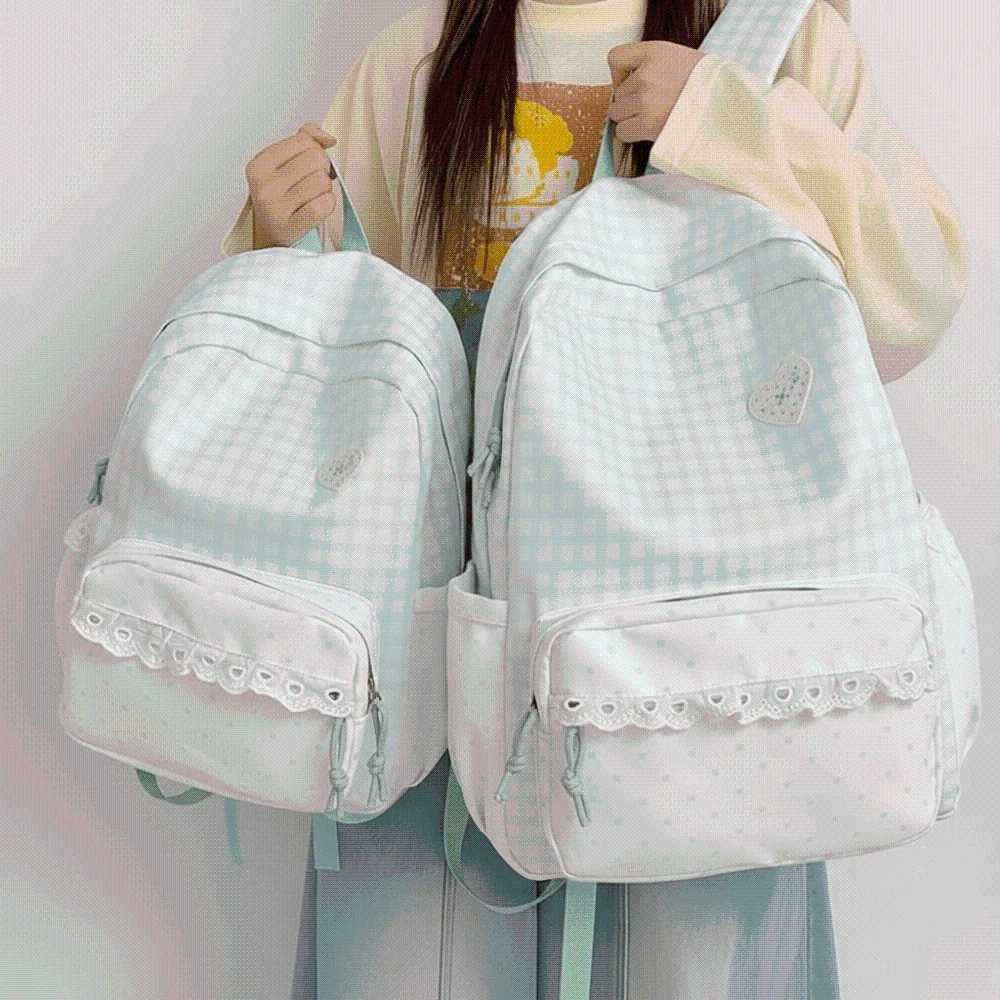 Korean Style Gingham Backpack Pastel Colors Ruffle Design Lace Schoolbag Lightweight Adjustable Straps Plaid Daypack