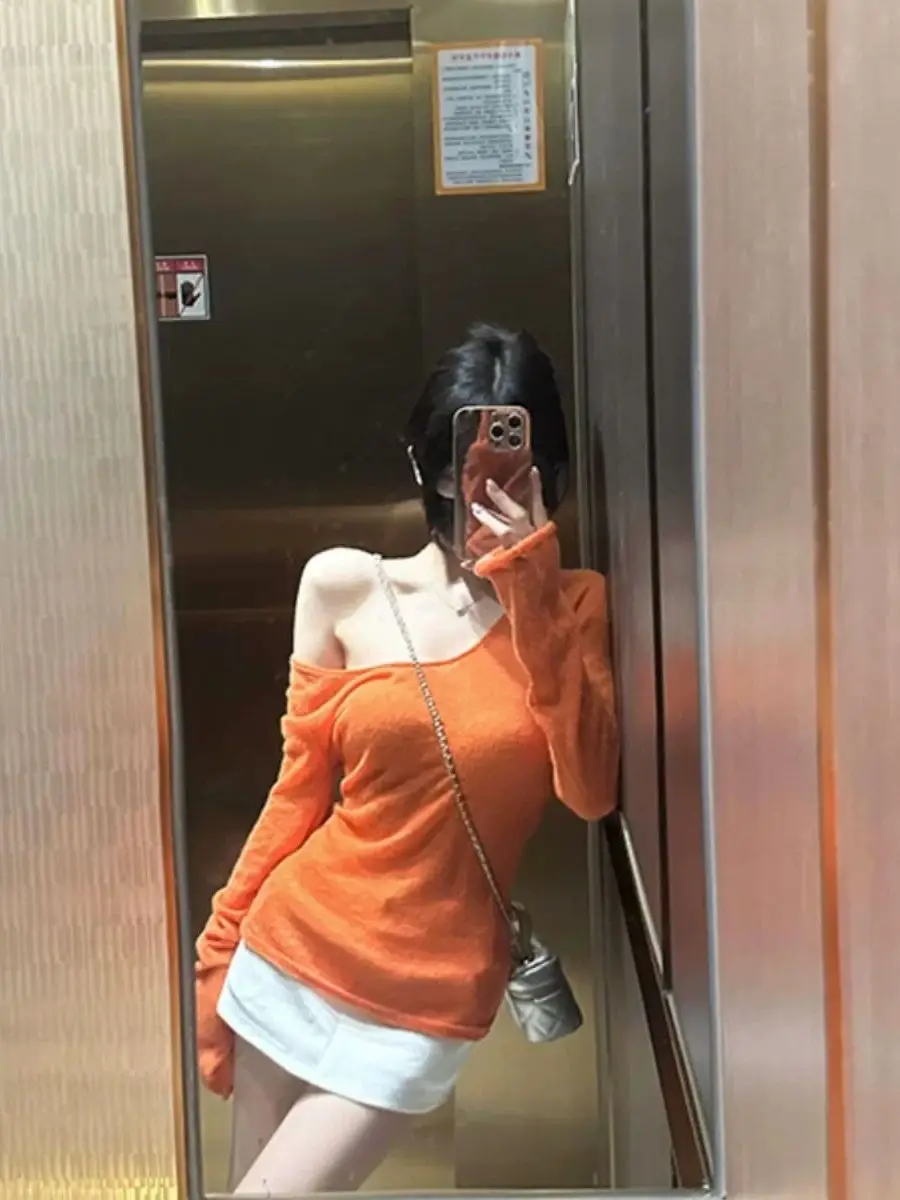 Dopamine Orange Long Sleeve Slim Fit Women's T-shirt Summer New Style Sexy Sun Protection Fashion Top Korean Style Commute Wind