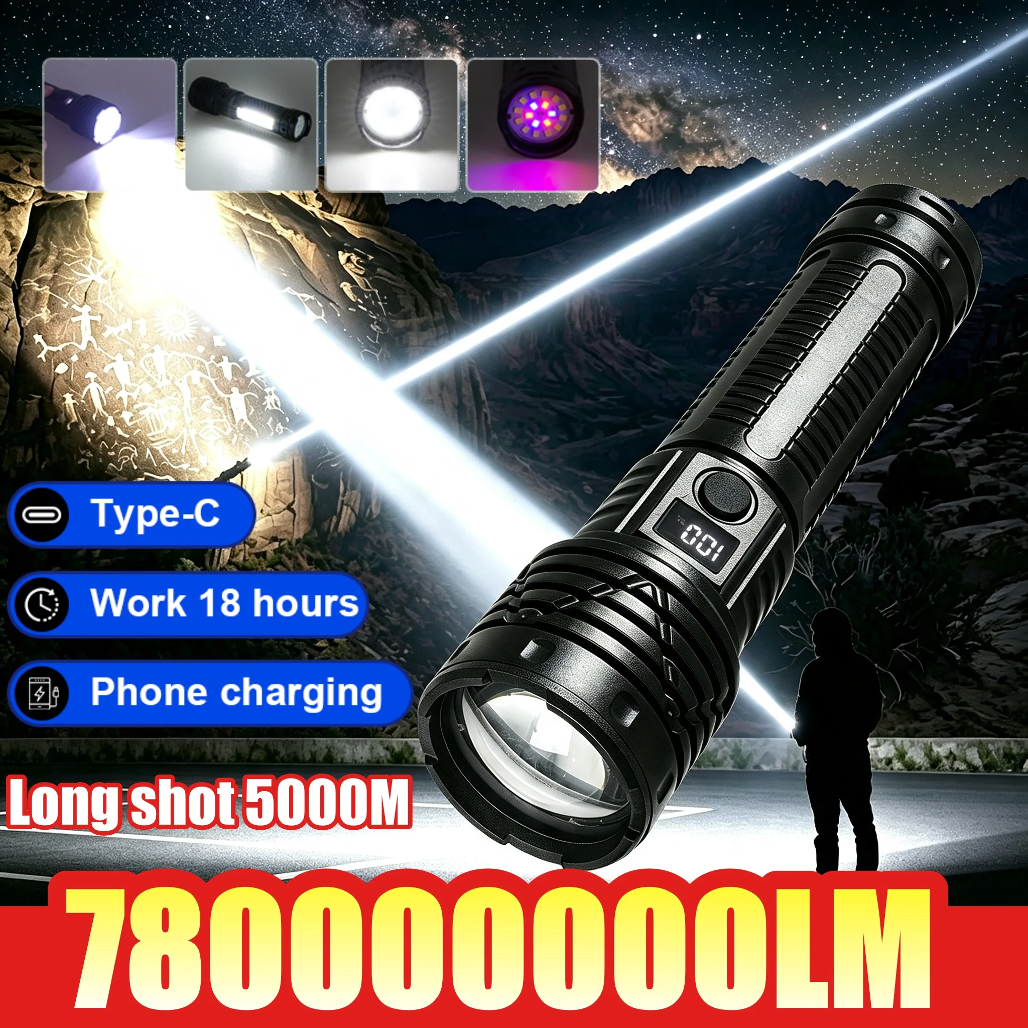 780000000LM LED Flashlight 5000M Long Shot USB Rechargeable Torch Digital Power Display For Camping Hiking Emergency Outdoor