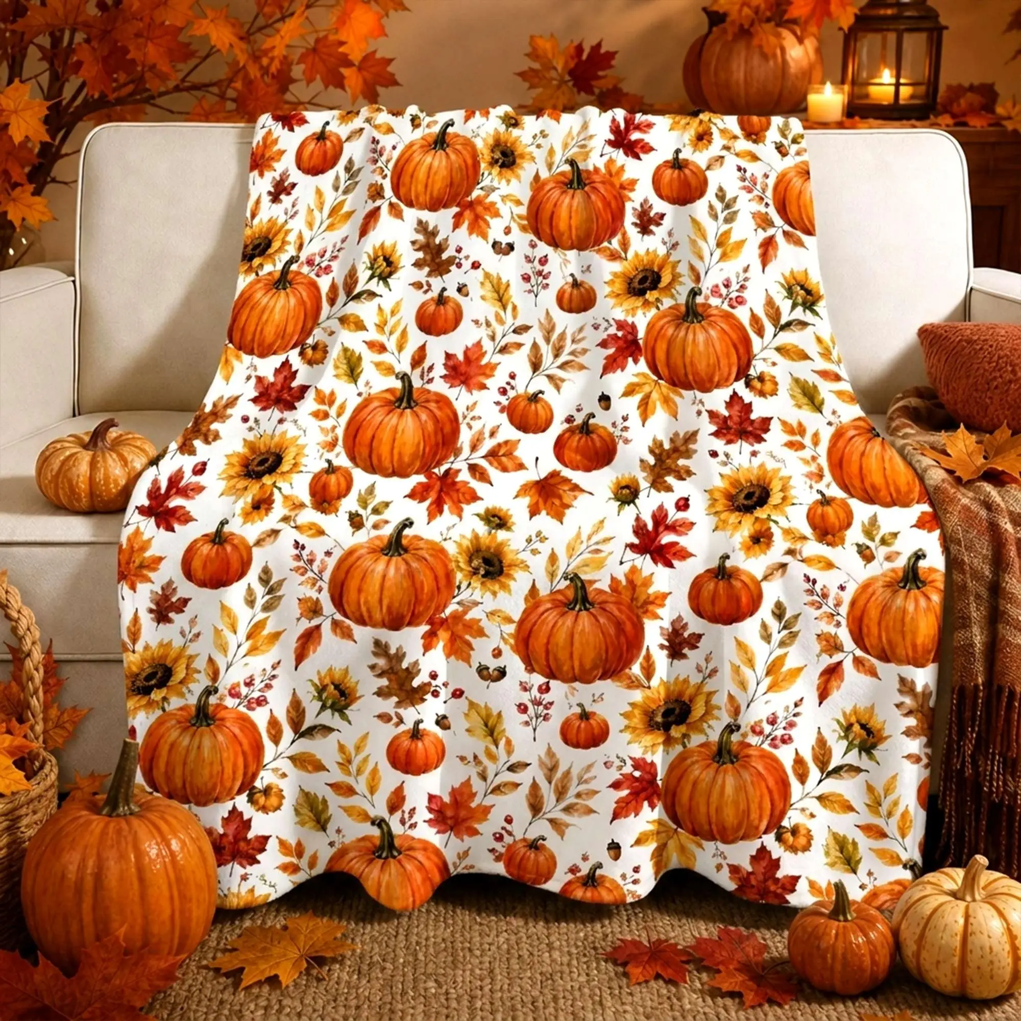 Fall Thanksgiving Throw Blanket Maple Leaf Pumpkin Flannel Print Blanket Super Soft Cozy Nap Blanket Perfect Home Gift for Her