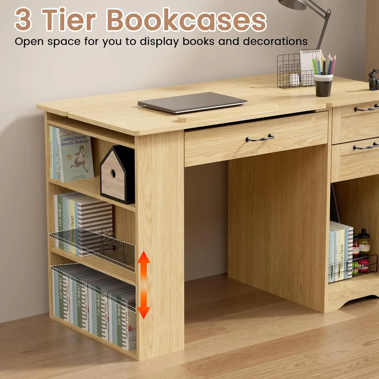 Drafting Table with Storage Cabinet & Drawers, Adjustable Drawing Desk with Open Shelves, Craft Table Painting Desk, Customized - view 5