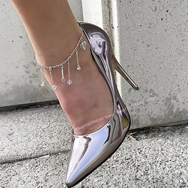 

Silver Slip On Shallow Pumps Thin High Heel Leather Fashionable Sexy Cool 2024 Summer Big Size Woman Shoes Zapatillas Mujer