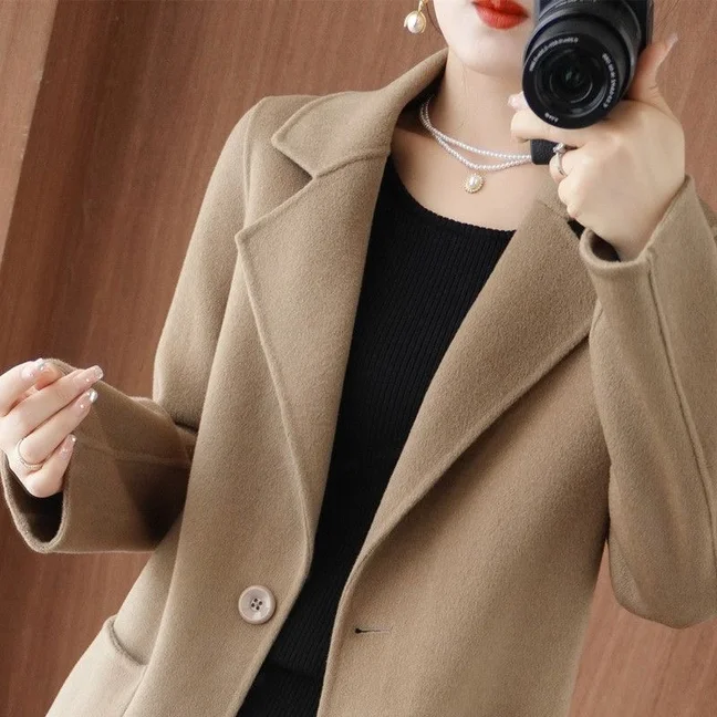 Double-Sided Woolen Coat Spring Autumn Ladies Mid-Length Short Style Korean Version Slim Fit Long Sleeve  Collar Single B...