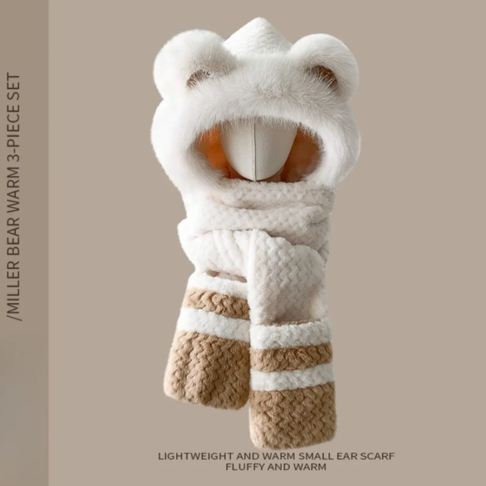 Three-in-one hat Winter Women's Plus  Bear Hat Scarf Gloves One-piece Hooded Cute Warm Plush Three-piece Suit To Prevent Cold