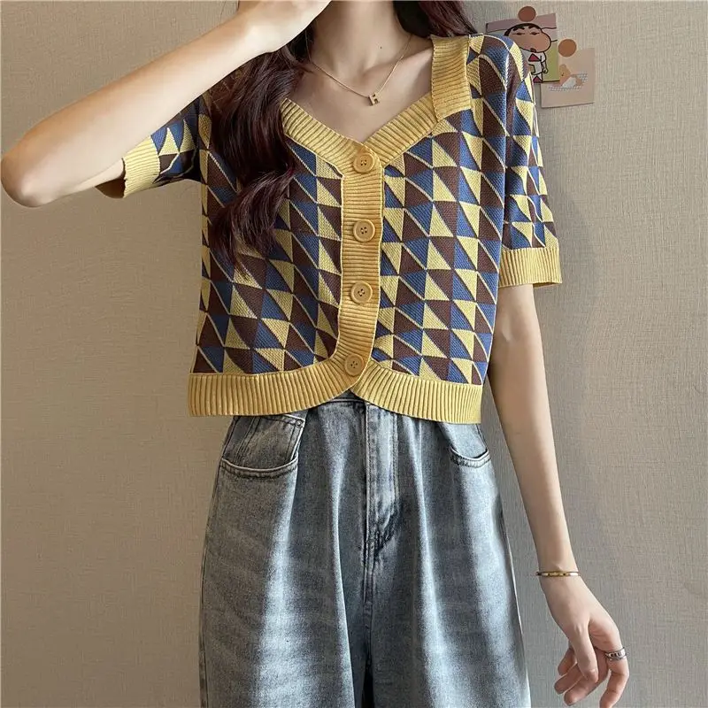 Vintage Knitted T-shirts Women Summer Thin Button Design Rhombic Casual Short-sleeve All-match Cropped Female Streetwear Ulzzang