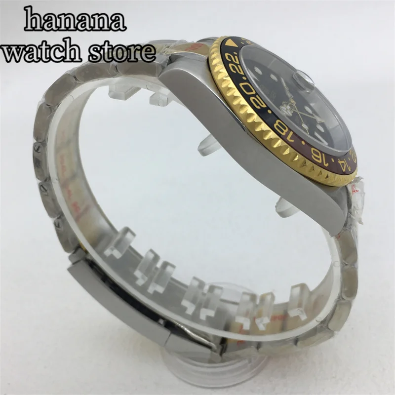 Мужские часы для дайвинга, механизм 40 мм GMT NH34, черный циферблат, зеленый светящийся браслет из нержавеющей стали, сапфировое стекло