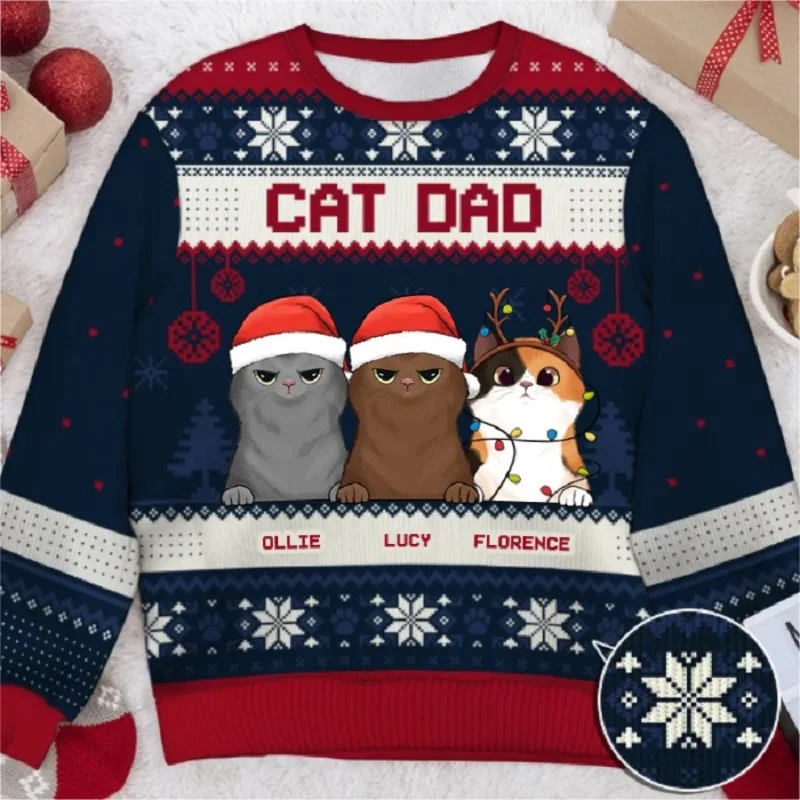 Three Cats Christmas Unisex Ugly Sweater Pullover 3D Printing Men\'s Knitted Apparel Plus Size Sweatshirt Casual Long Sleese