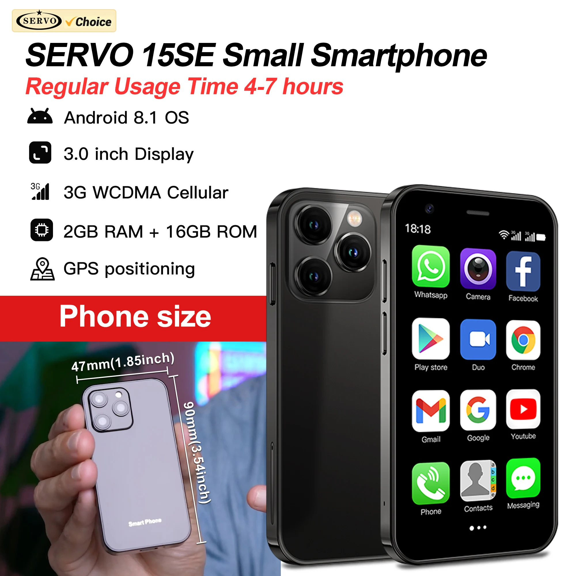 SERVO Small Smartphone WCDMA 3G Dual SIM 3.0-inch Mini Pocket Cellphone 2GB RAM 16GB ROM GPS WiFi Android 8.1 Cheap Mobile Phone