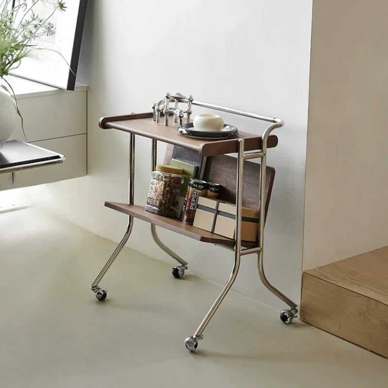 

trolley, small apartment in the living room, movable coffee table, stainless steel on the side of the sofa, walnut rack