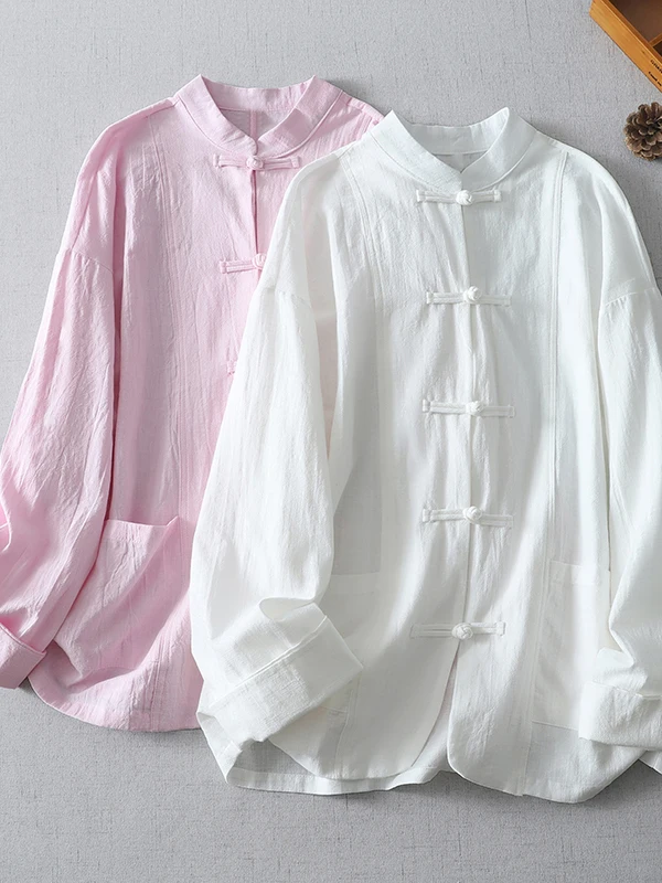 Chinese Sle Cotton Linen Loose Casual irt Long Sve Stand Collar Zen Tai Chi Clothing Large Size Women's Faionable Bu...