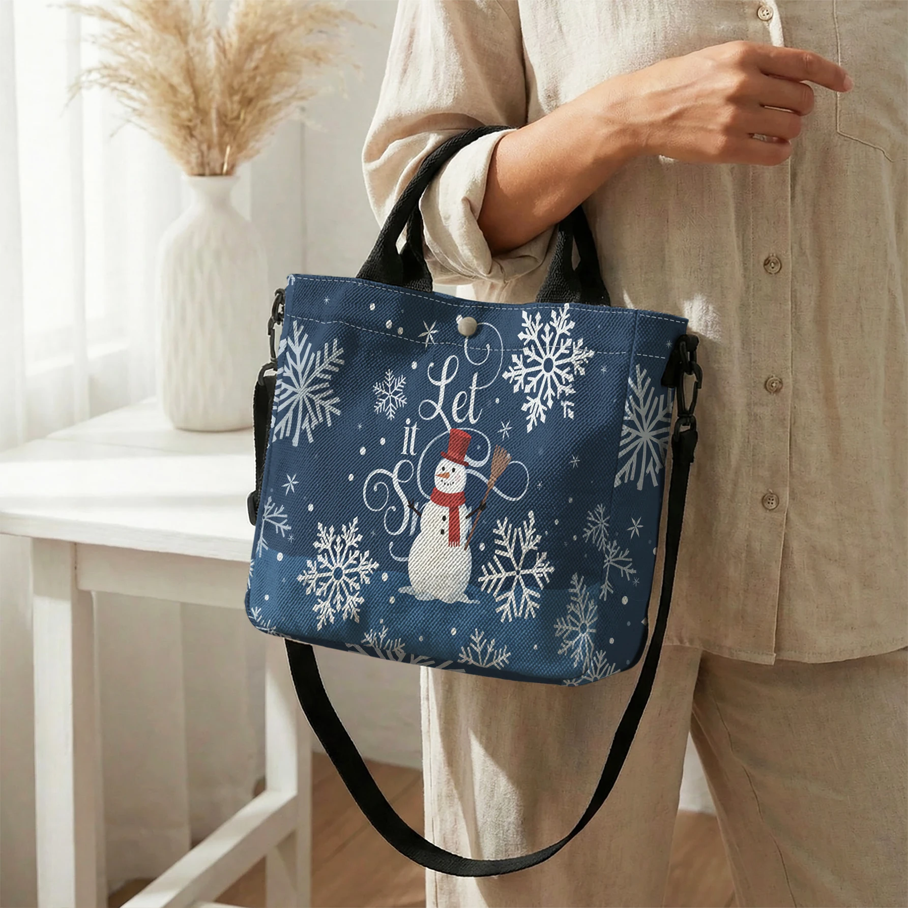 Let It Snow Snowman Snowflake Print Tote Bag, Detachable Strap Crossbody Handbag For Daily Work Shopping