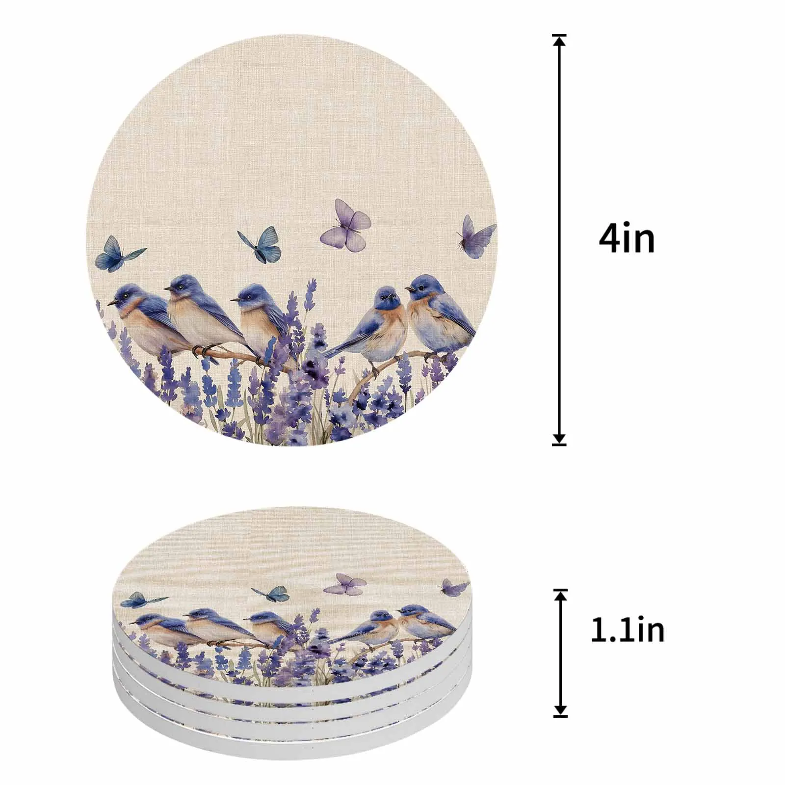 Bird Lavender Watercolor Butterfly Ceramic Coaster Set Kitchen Table Round Placemat Luxury Decor Coffee Tea Cup Coasters