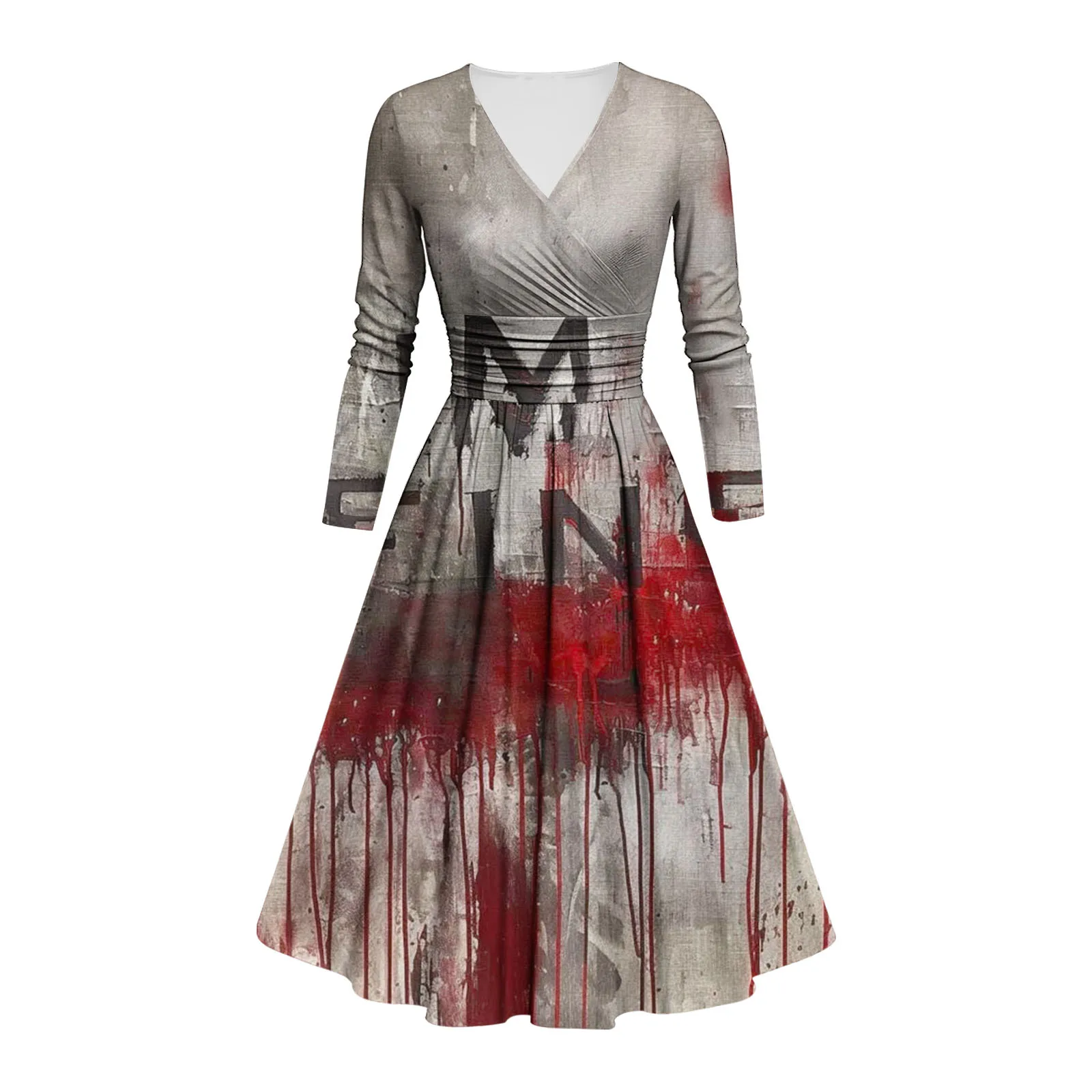 

Fashion Halloween Print Dresses Women V-neck Folds Long Sleeve Halloween Festival Dress Up Party Dress Female 2024 New Vestidos