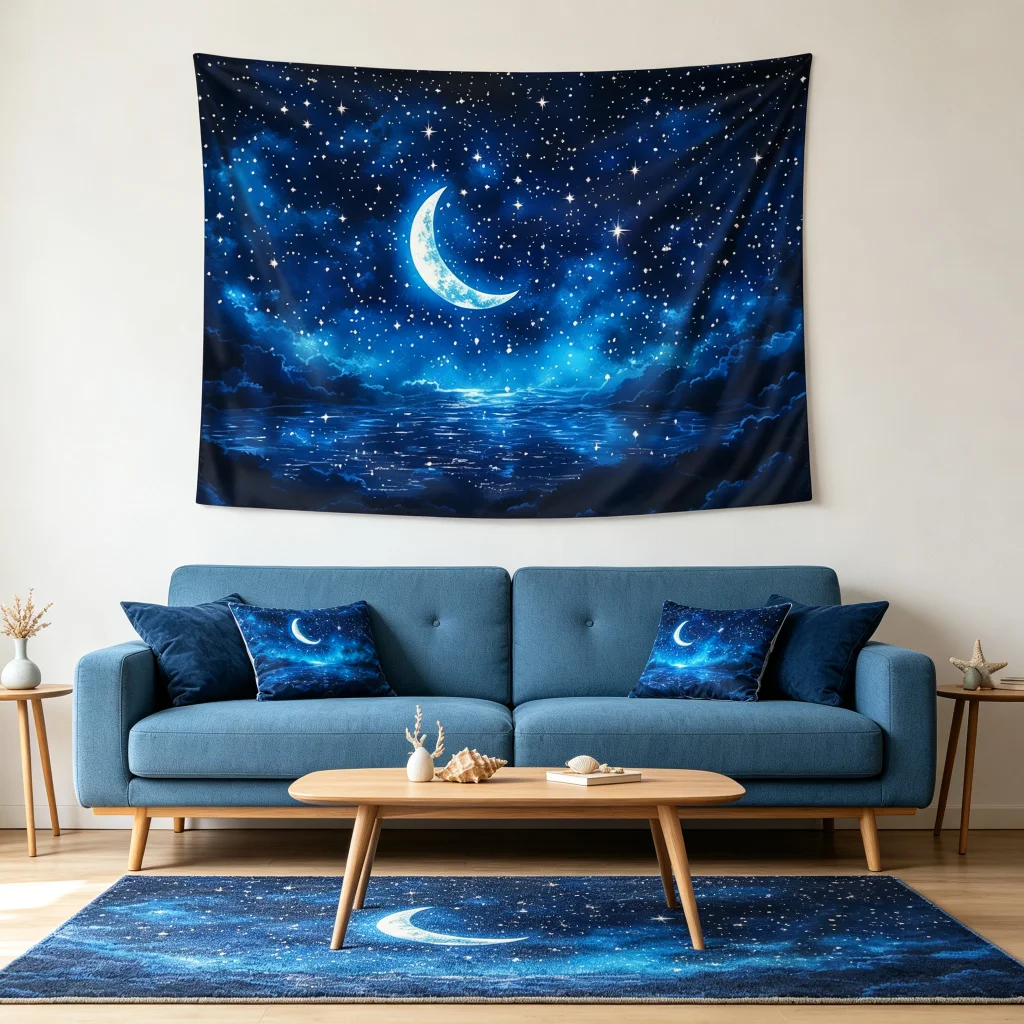 1PC Blue Starry Moon Ocean Print Backdrop Banner, Bedroom Living Room Photo Background, Polyester, Home Decor, Wall Art
