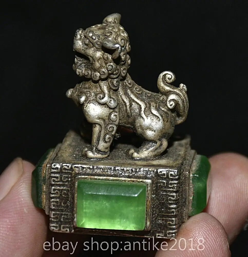 

1.8-Inch Vintage Chinese Silver with Green Gemstones Dynasty Palace Lion Beast Seal Sculpture gilded Brass