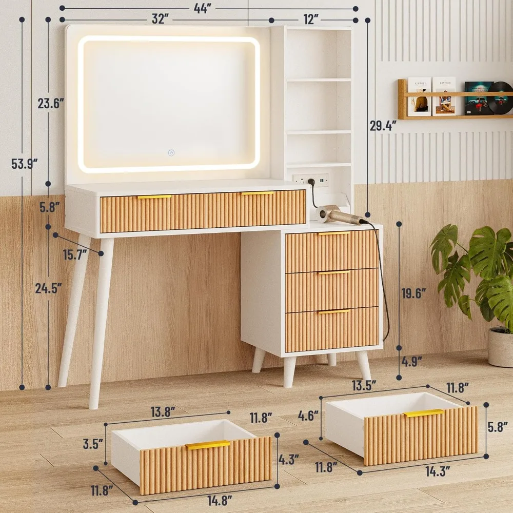 مكتب زينة بزاوية 44 بوصة مع مرآة وأضواء، مكتب زينة للمكياج مع مخرج طاقة، مكتب مكياج مع 5 أدراج وأرفف تخزين، زينة #2