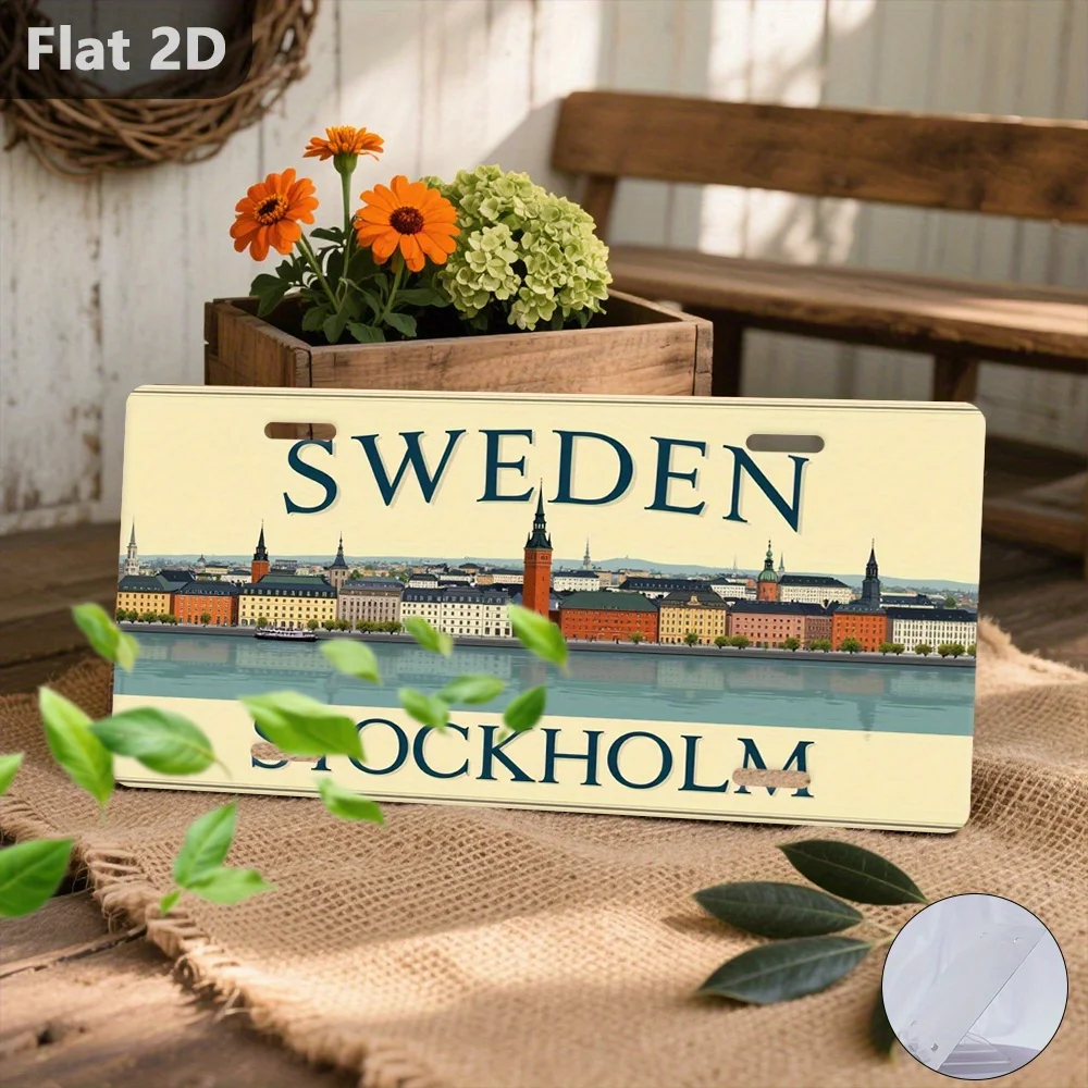 2D Flat, 1pc, Only for Decoration Decoration, Outdoor Signs & Wall Decor (30.48cm X 14.99cm), Sweden Stockholm Cityscape, Retro