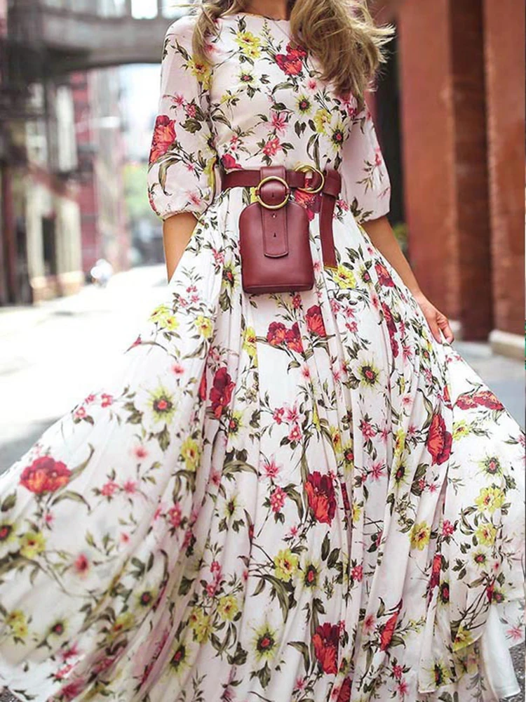 New High Waist Loose Summer Fashion Maxi Dresses Women Floral Printed Ladies Holiday Beach Long Casual Vestido Polyester