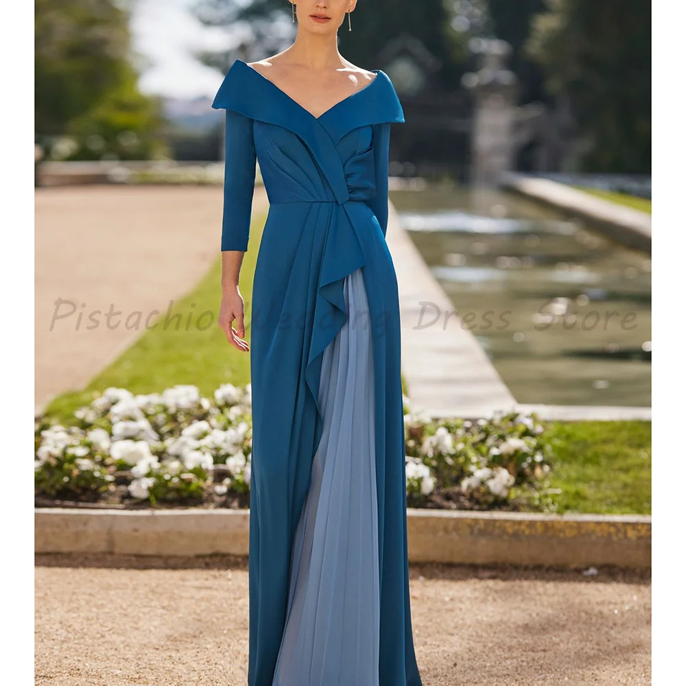 

Off Shoulder V Neck 3/4 Sleeve Formal Evening Dress Two Tone Ruffled Chiffon Satin Mother Of The Bride Gown