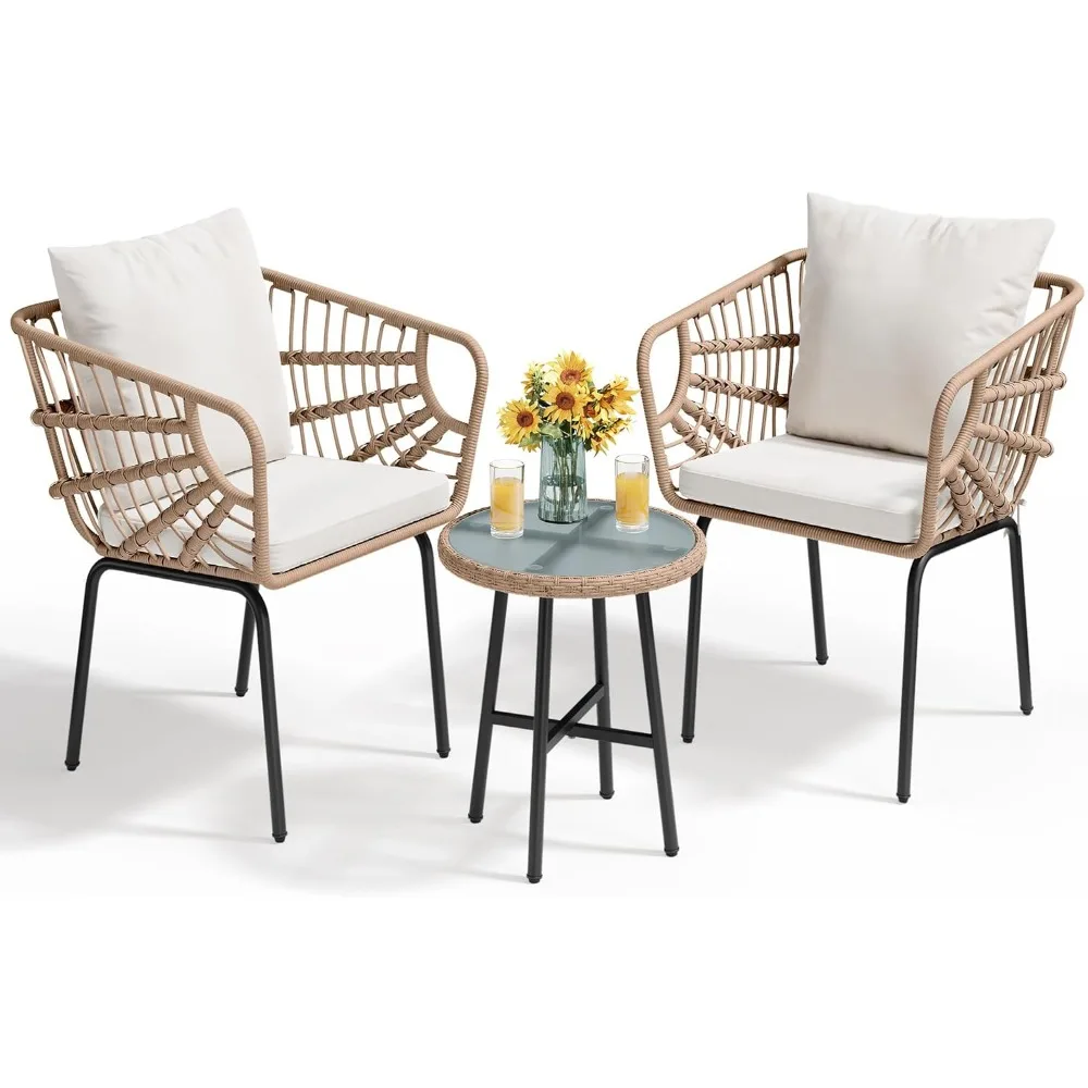 

3-Piece Outdoor Wicker Patio Conversation Bistro Set, All-Weather Furniture Set with Table & Cushions, Outdoor Sectional Sofa