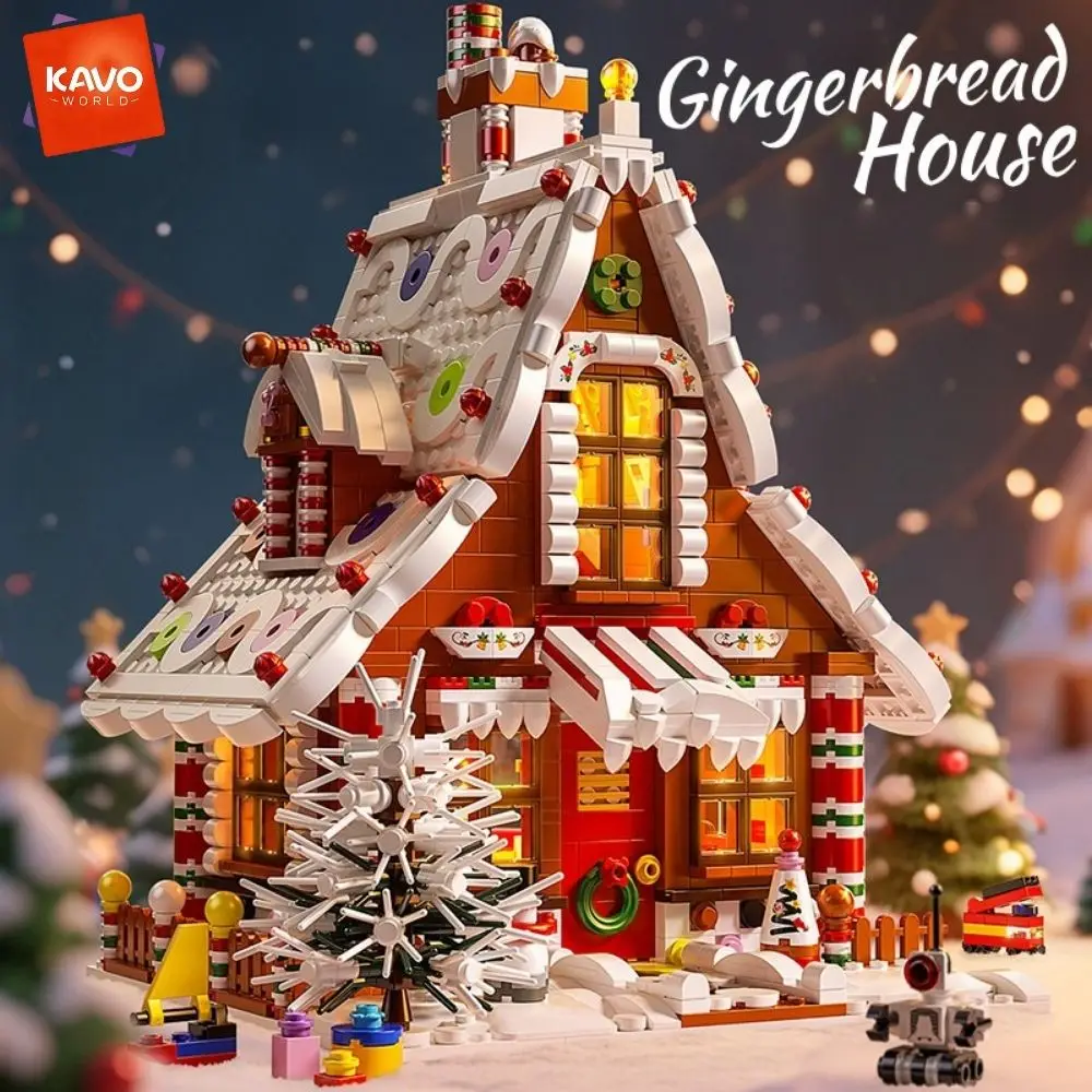 KAVOWORLD 1614PCS Christmas Gingerbread House Building Blocks Set with LED Lights Festive Winter Holiday Construction Toy Interior Architecture Model Kit Educational Construction Toy Family Activity Gift for Kids Home Decor for Party New Year Celebration