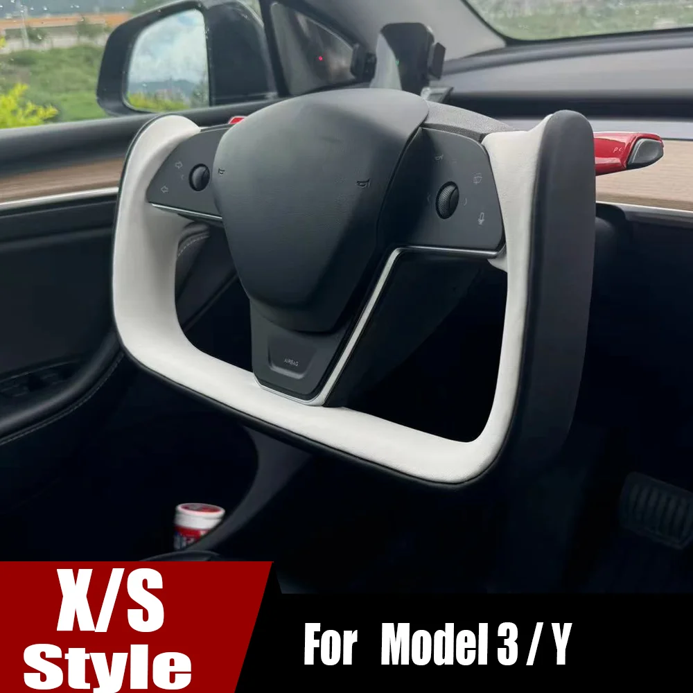 Yoke Handle Steering Wheel Black-White For Tesla Model 3 Y With Heating NAPPA Leather Handle No Stitches Model Y/3  2017-2024