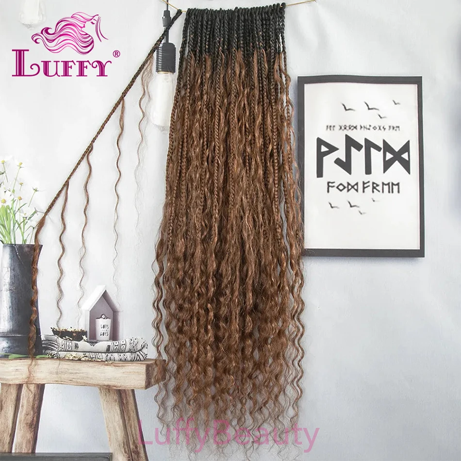 Boho Box Braids Crochet Hair With Human Hair Curls Ombre Brown 1B/30 Pre-Looped Boho Braids Human Hair With Curly Ends For Women