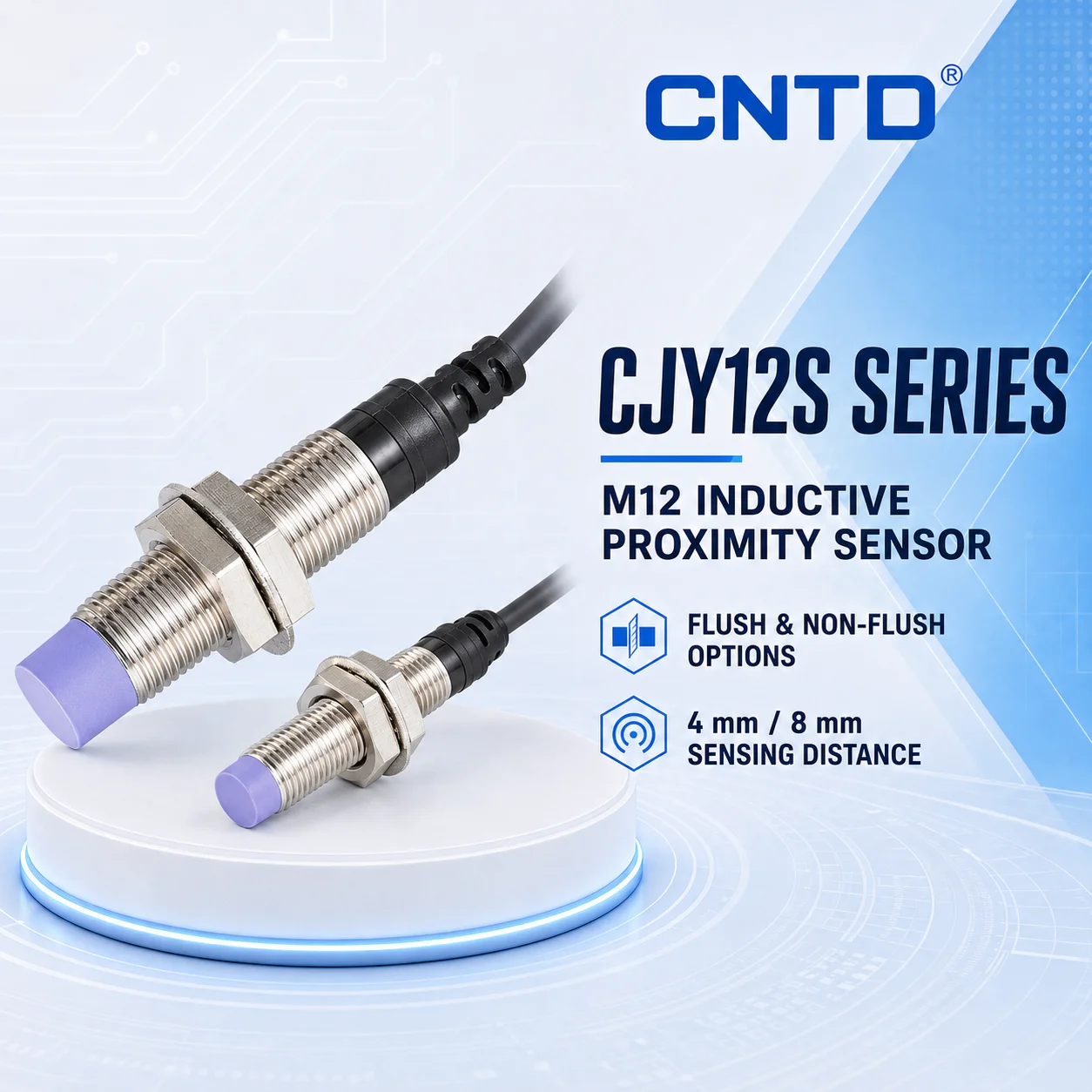 CNTD Inductive Proximity Sensor CJY12S‑08DPA, M12, DC 3‑Wire PNP, sensor Normally Open, 24V Sensing Distance 4-8mm