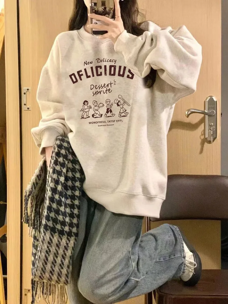 American Cartoon Print Plush Sweatshirt Women Autumn Winter 2025New Oversize O-Neck Long sleeve Pullover Y2K Top Female Clothing