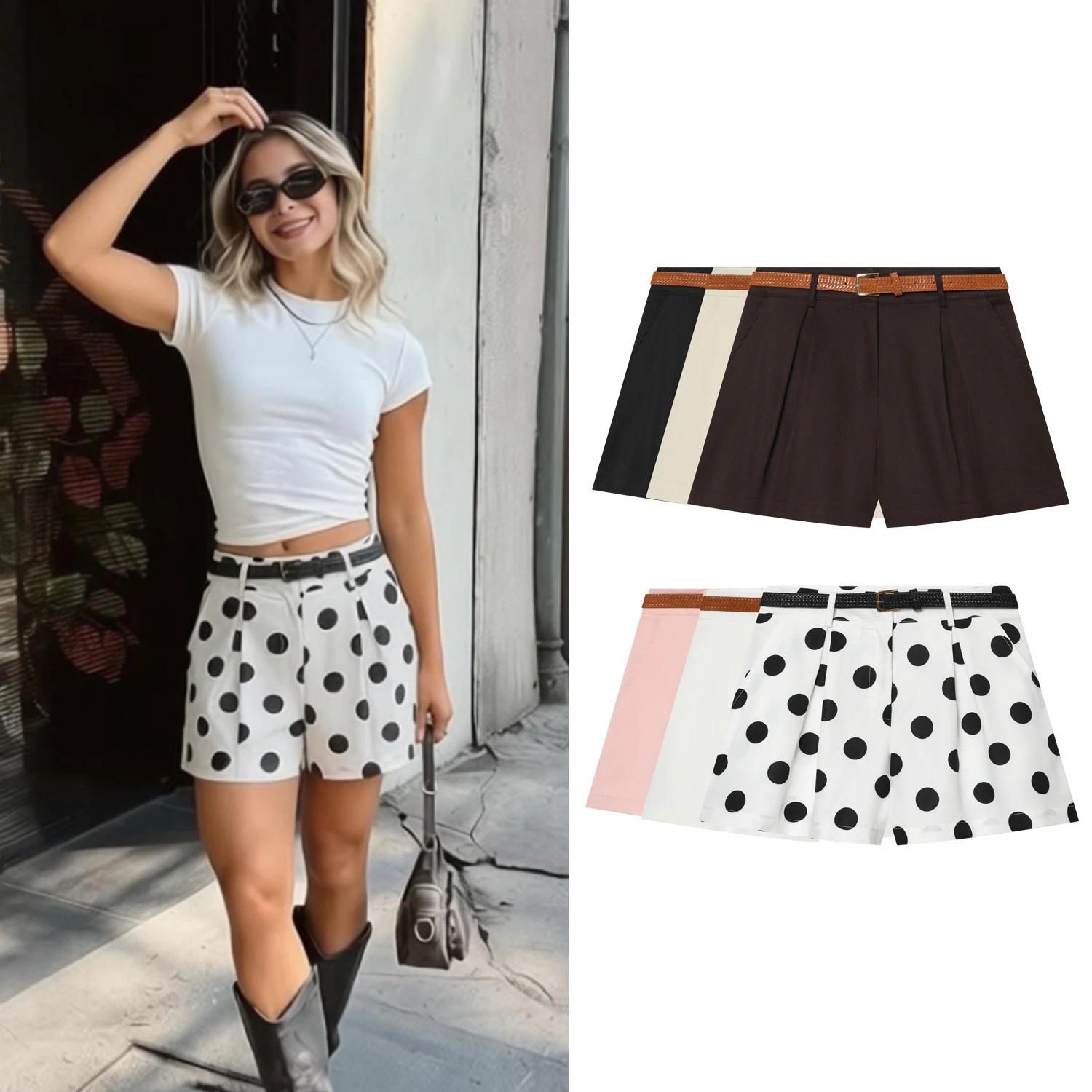 

Summer Women's Mini Shorts Female Y2K Polka Dots Shorts Lady Chic Sexy Vintage Slim Pleated Shorts Casual Outwear Shorts